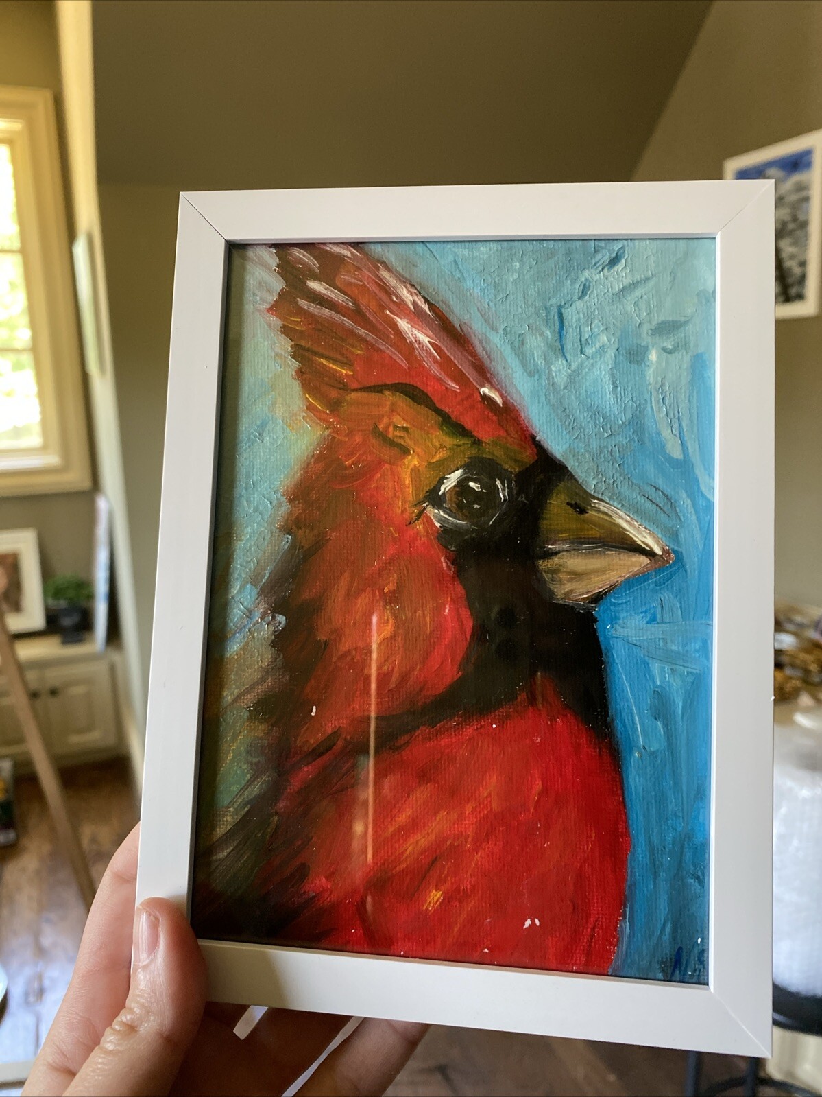 Cardinal Bird Original Oil Painting On Canvas Panel,Small,gift, Abstract,5/7