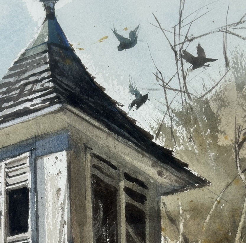 Robert W. Daley signed original framed watercolor steeple birds trees