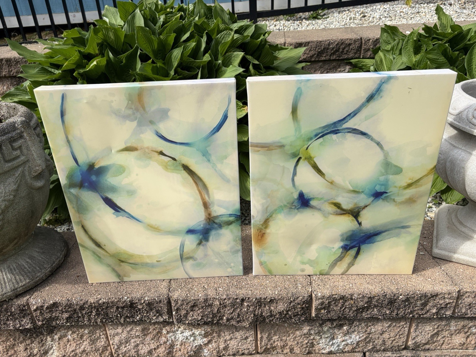 Abstract Art- Set of 2 Square Canvas Paintings Blue Green White Wall Art