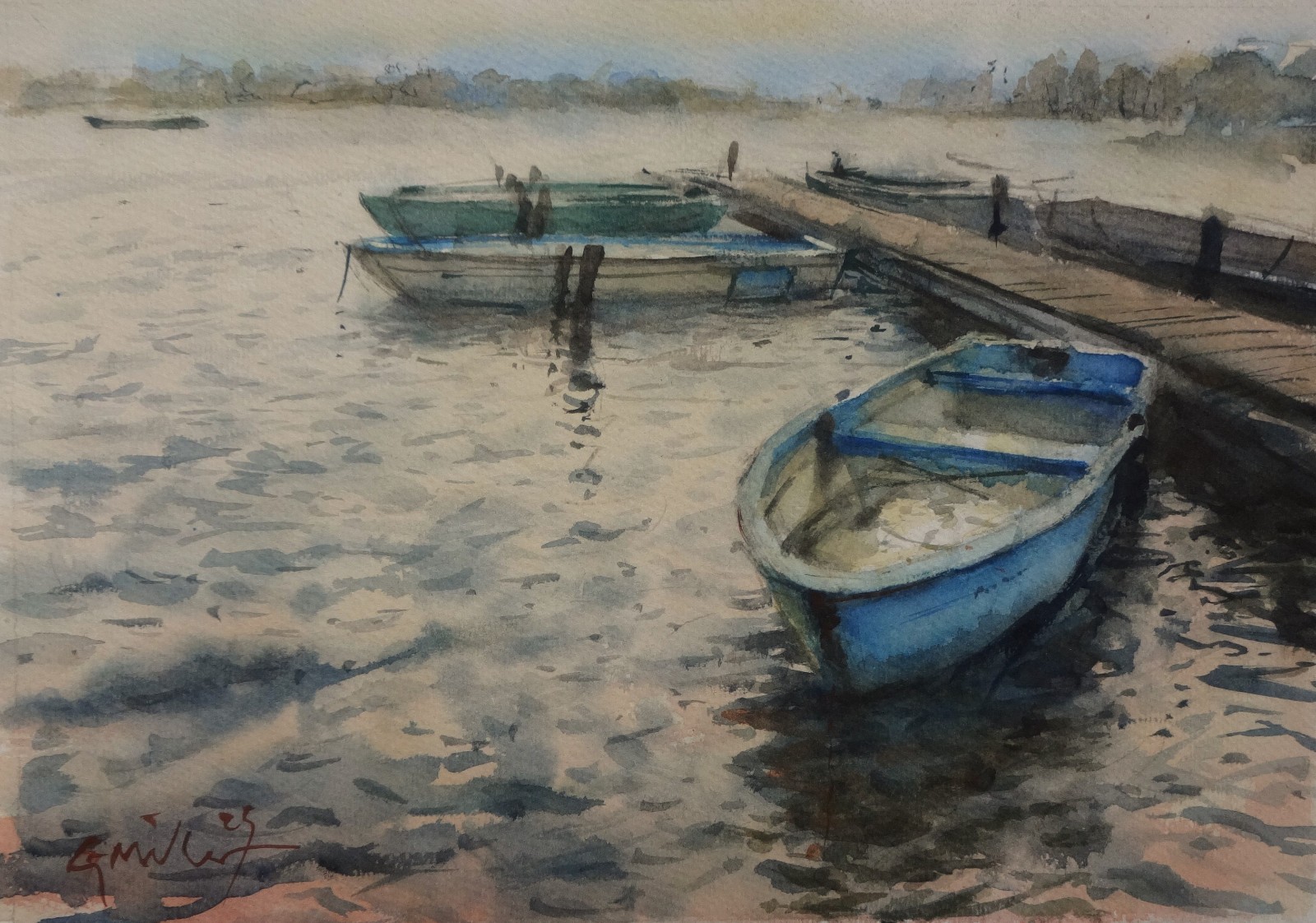 GERRY MILLER – «Blue Boat». Watercolour painting on paper. 34x23cm