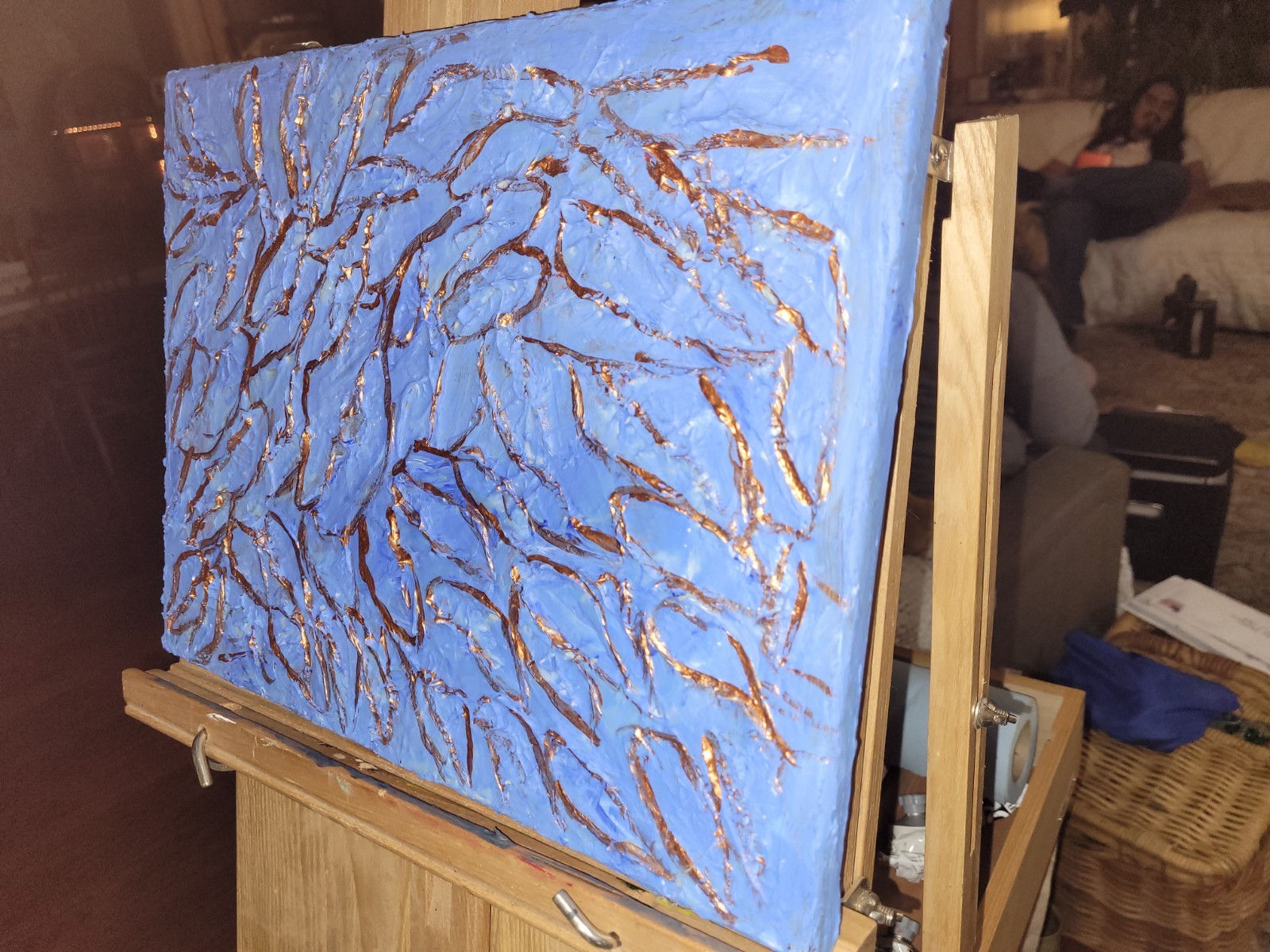 Blue Textured Abstract with Metallic Copper Accents – Original 14×11