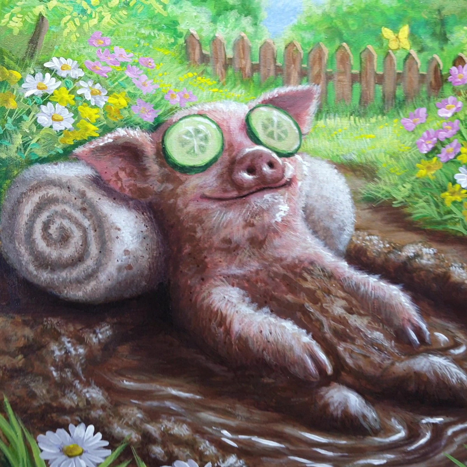 Original Acrylic Funny Pig Painting Mud Spa Humor Farm Animal Art OOAK 16×20