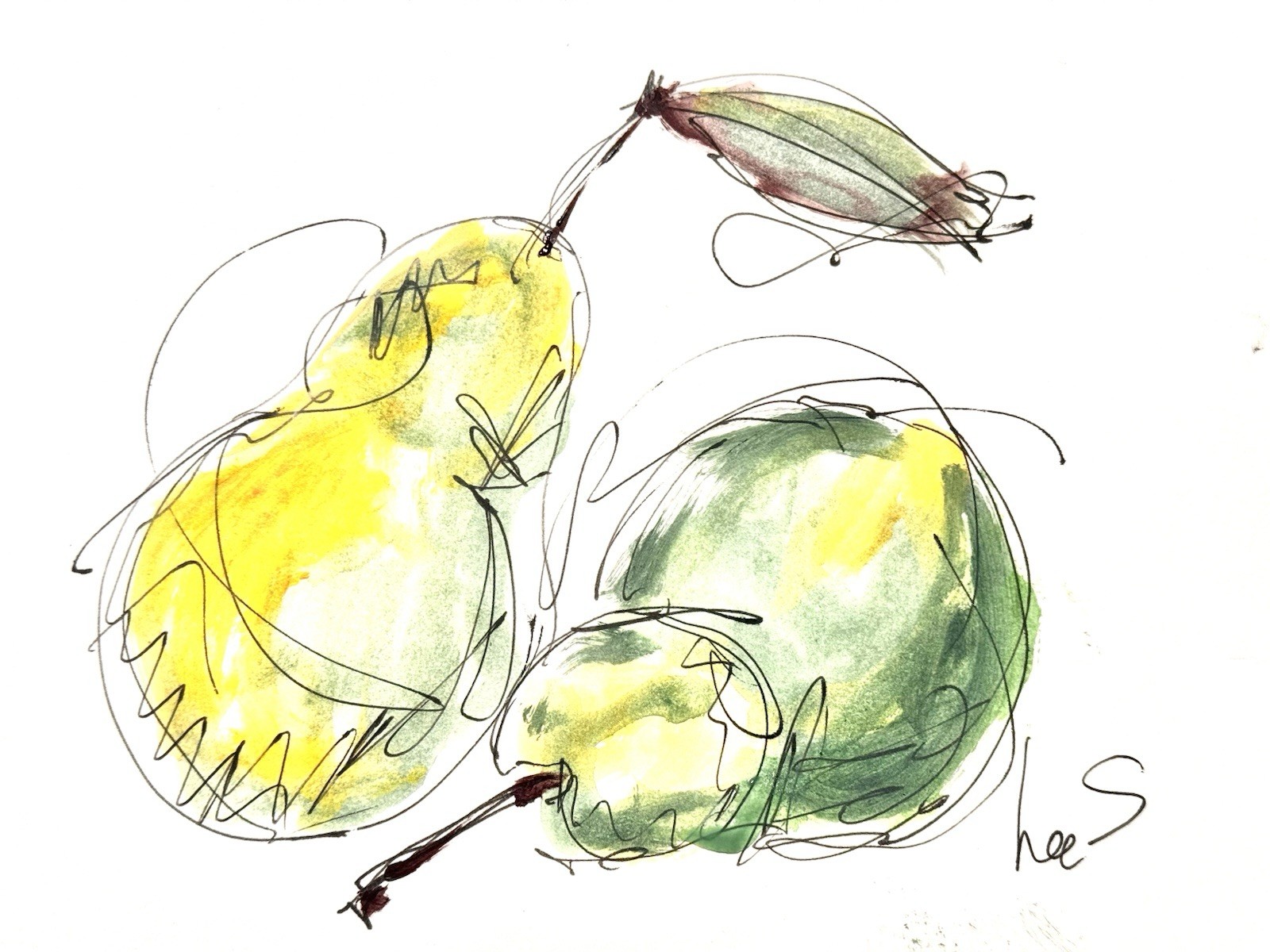 Original Abstract Expressionism 9X12 Pears Paper Ink Colorful Handmade Signed 15