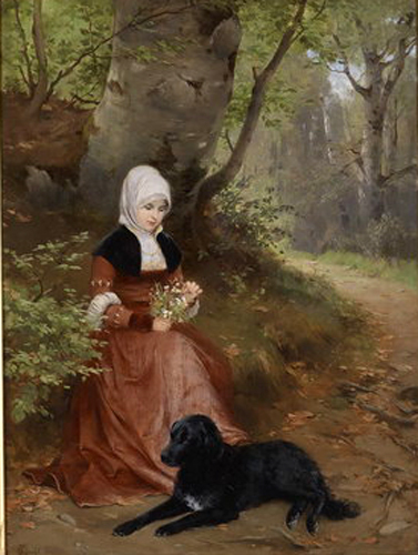 Art Oil painting young woman in autumn forest landscape with her pet black dog