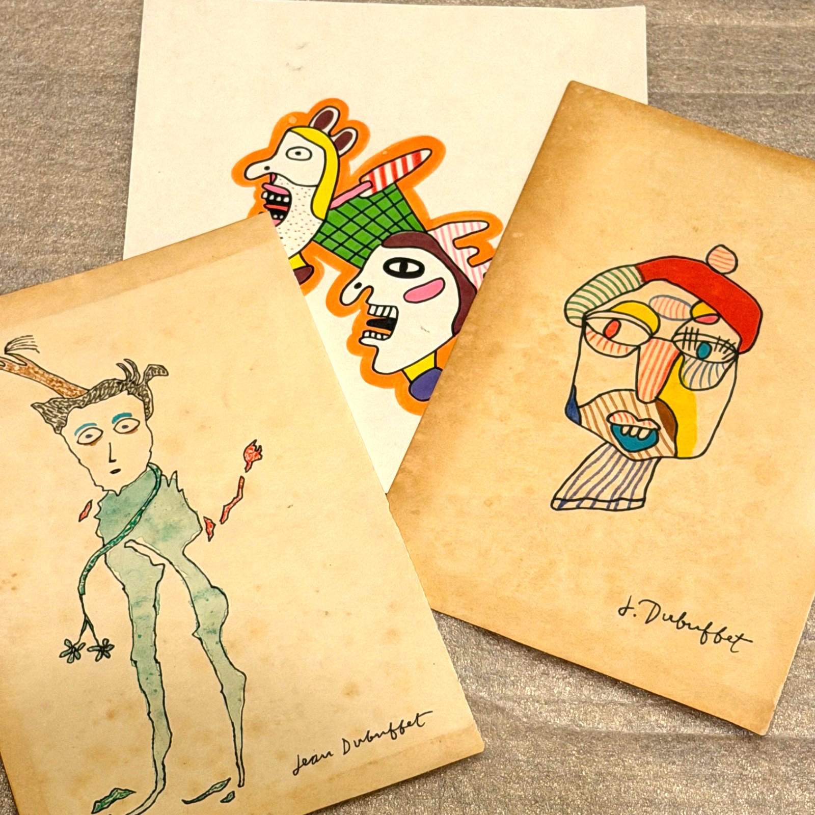 Jean Dubuffet Style Outsider Art Drawings Lot 3 Signed Ink Gouache Paper Vintage