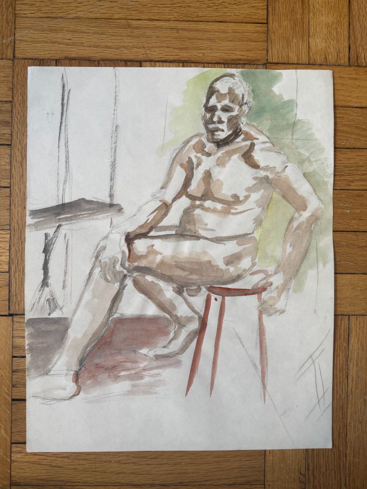 Vintage 1960s Watercolor Portrait Study Painting Man Seated 13.5 x 11