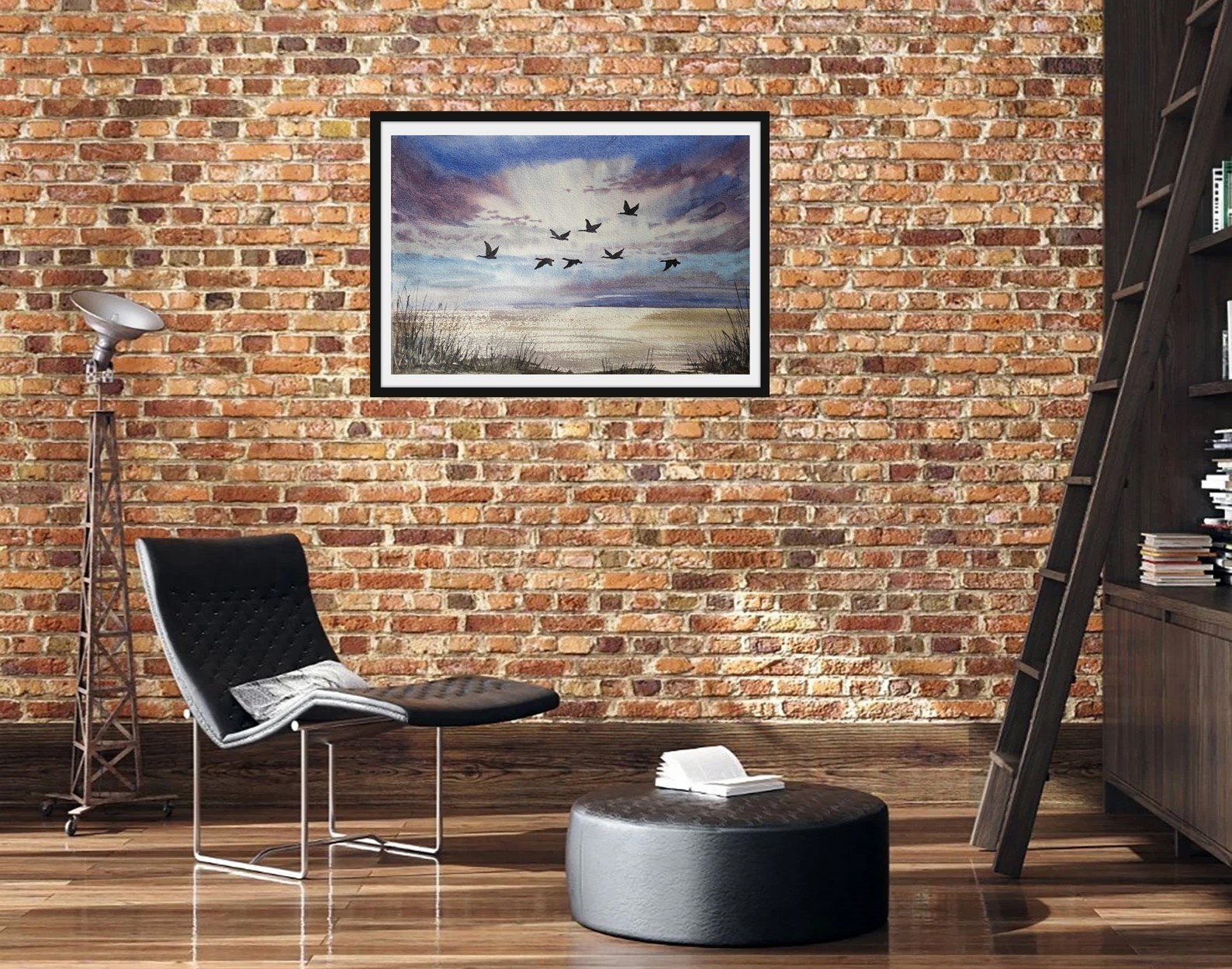 DUCKS FLYING Original Modern Artwork Painting Landscape GEESE FLYING Art Gift A4