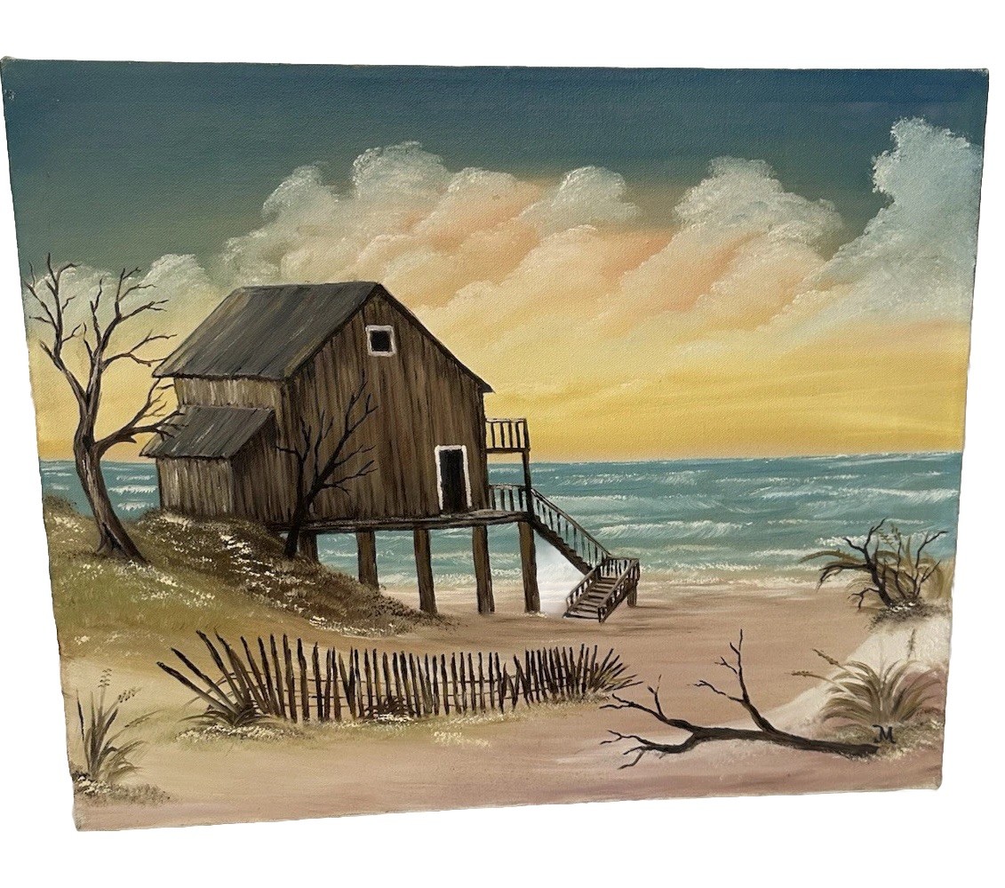 Vintage 20”x16” Original Beach House Cottage Landscape Oil Painting On Canvas