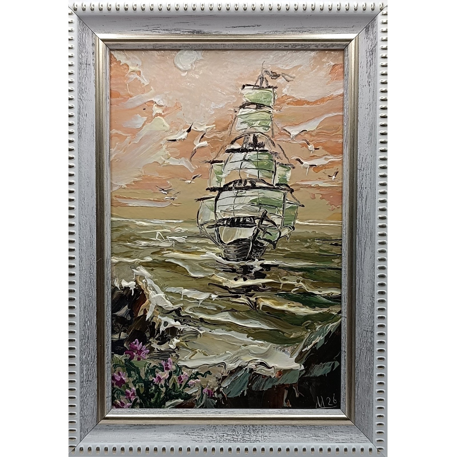 Original Oil Painting Sea Seascape Miniature Framed Impasto Ship Maritime Art