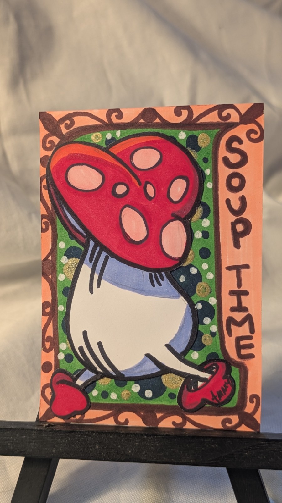 ACEO Walking Mushroom Soup Time Signed 2.5×3.5”