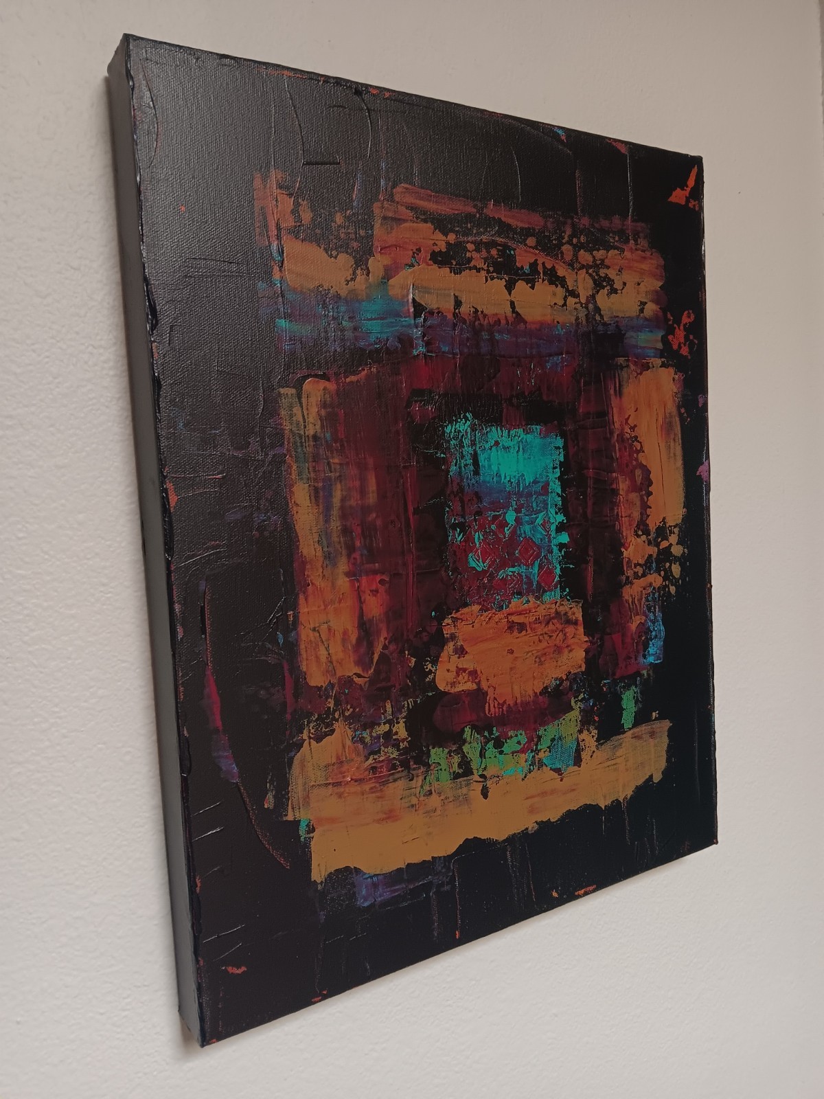 Small abstract original black turquoise blue purple red ochre «Long Night»