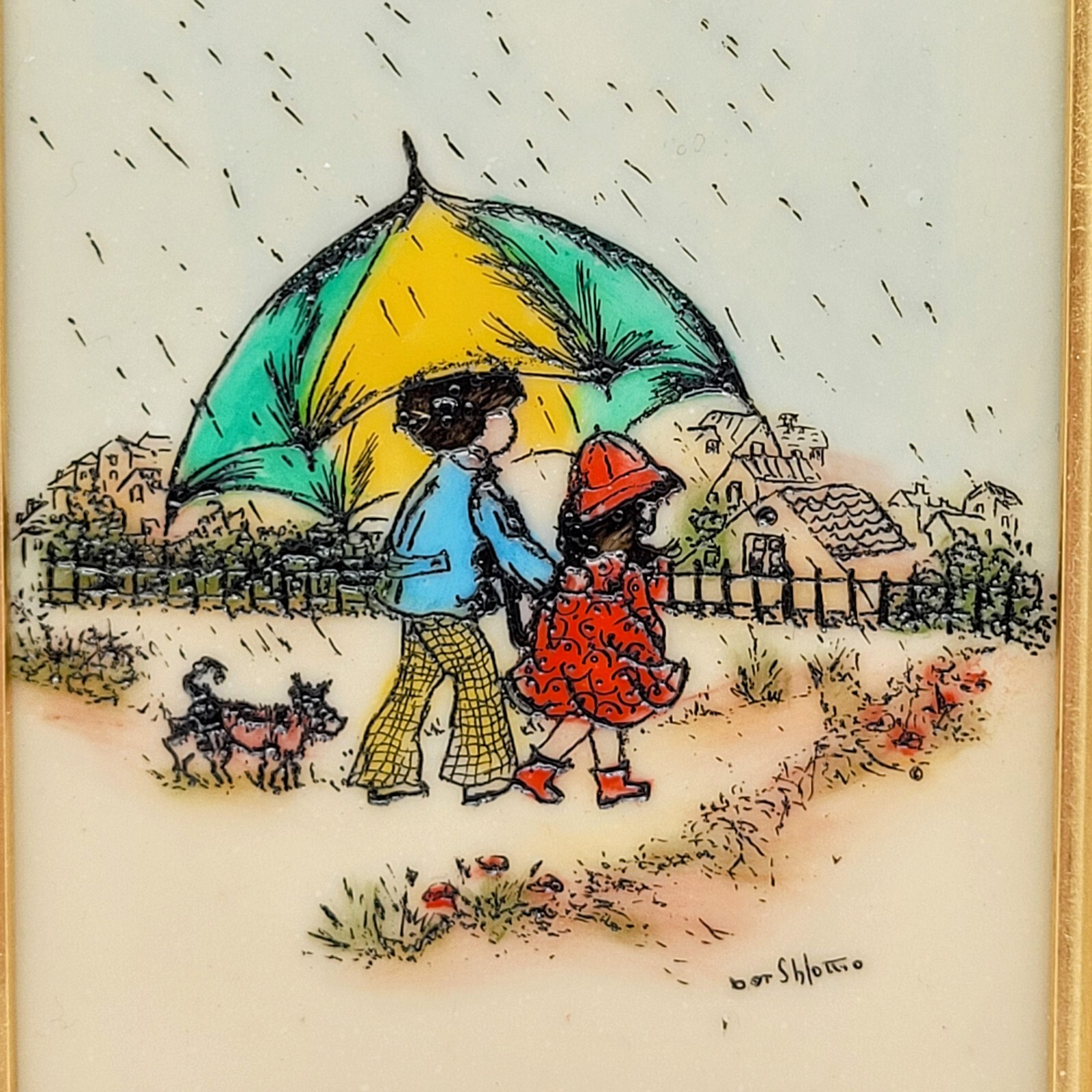 Vintage Children & Dog With Umbrella Framed Painting On Glass Artist Signed MCM