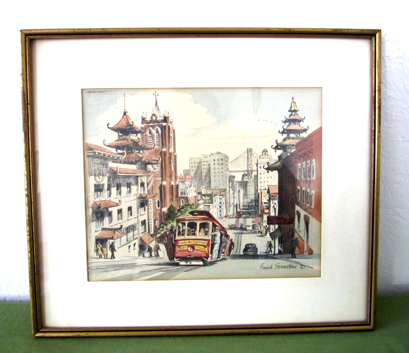 Vintage Frank Serratoni Watercolor Lithograph Street Cable Car In San Francisco