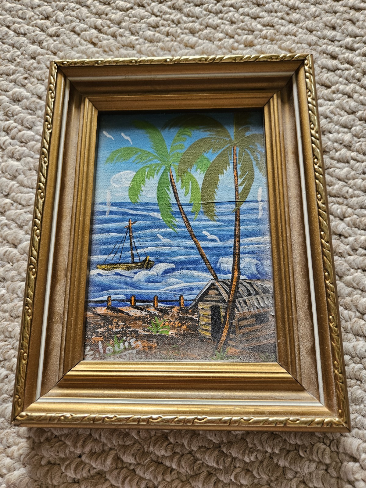 Hand Painted Tropical Scene Oil Painting Hut Palm Trees Boat Signed E. Louis
