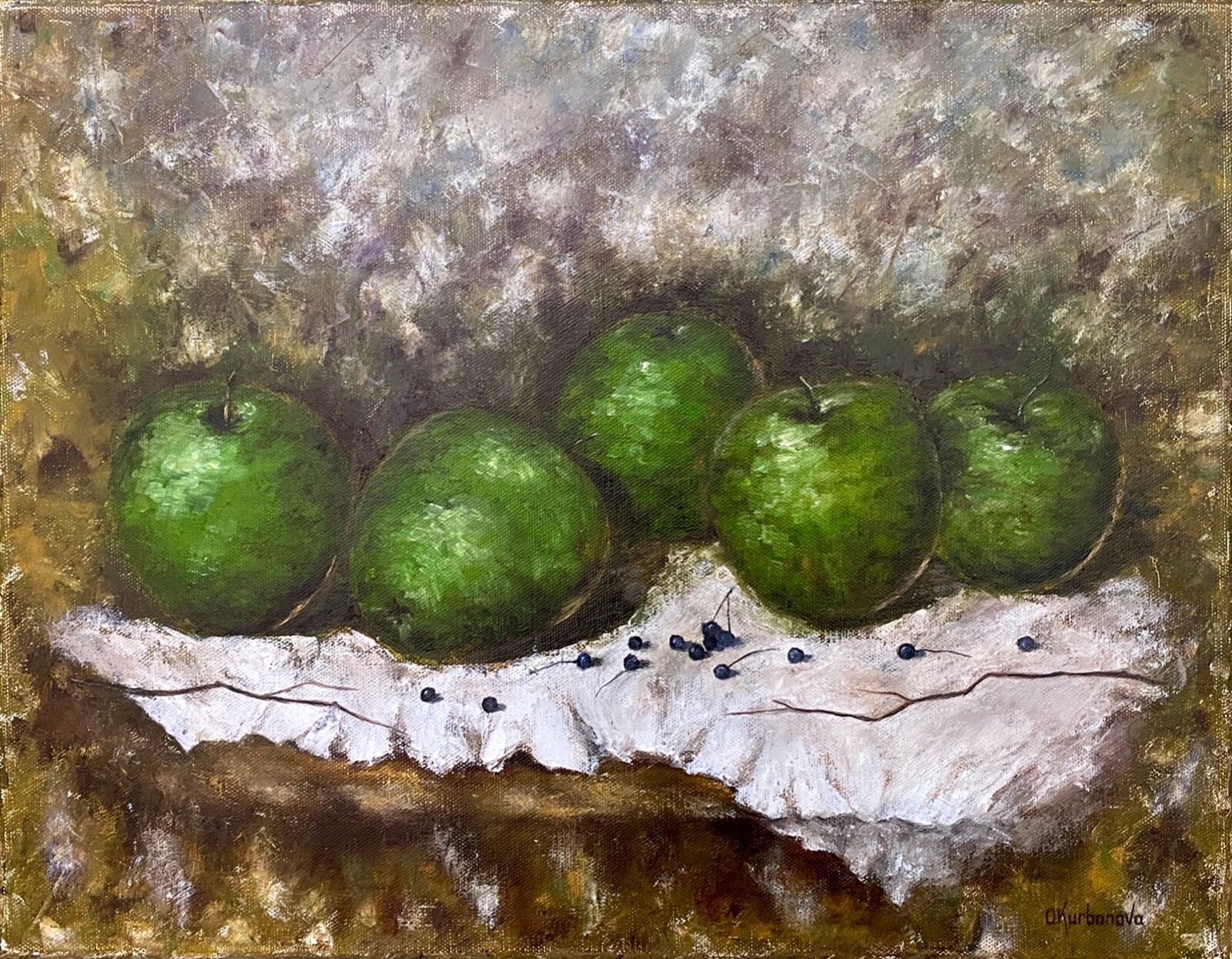 Green Apples Oil Painting Original Fruit Harvest Still Life Kitchen Wall Art