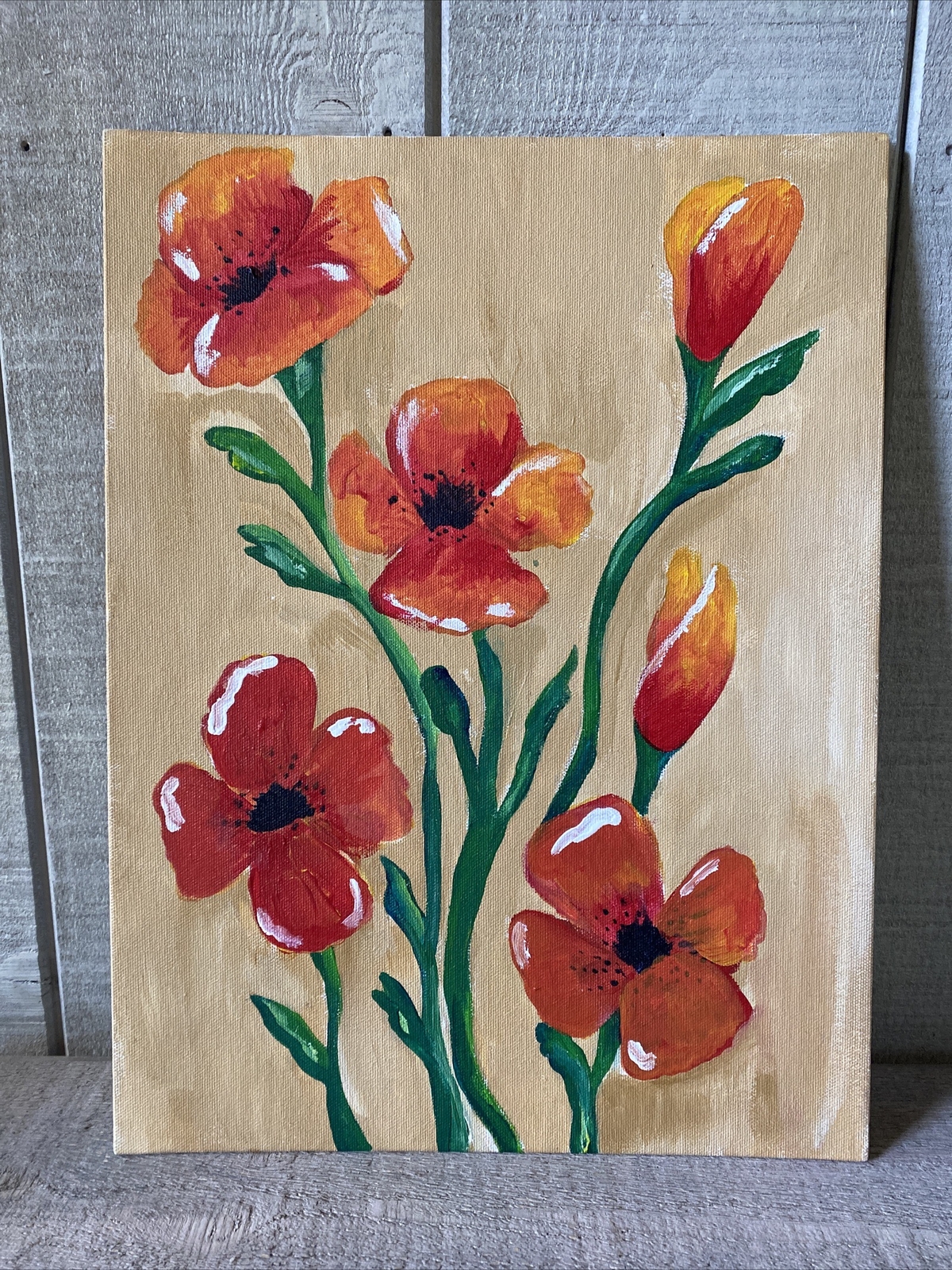 Original Oil Painting on Canvas Board Orange Flowers Poppies 16” X 12”