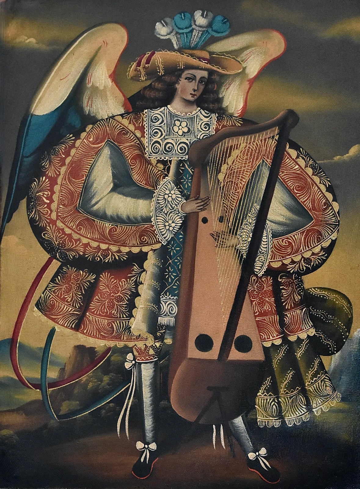 Vtg LOVELY ~ Archangel Angel MUSICA HARP Cusco School Peru Original Oil Painting