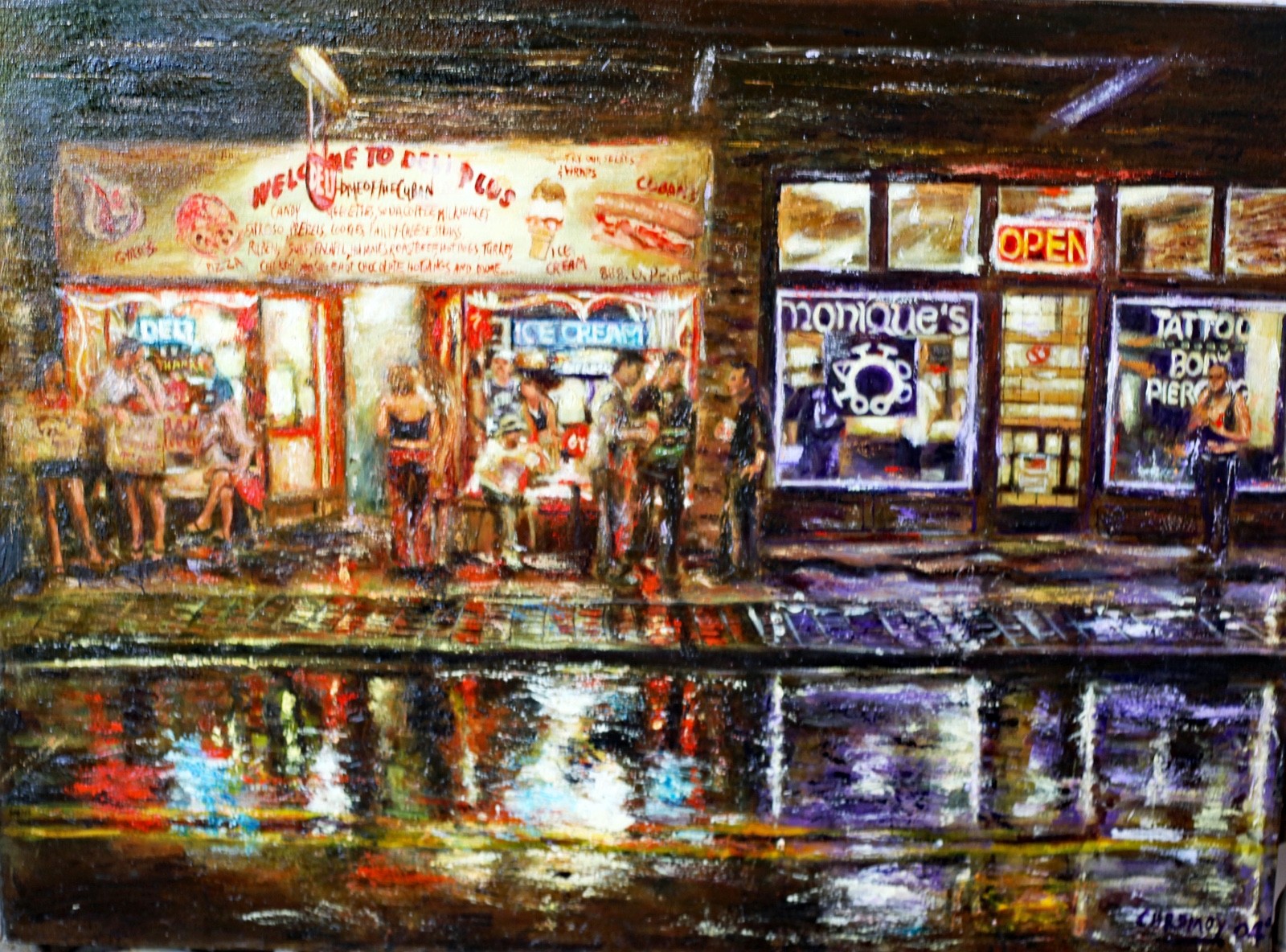 Original oil painting on canvas, Ybor City at night 2004, after a rain 18×24