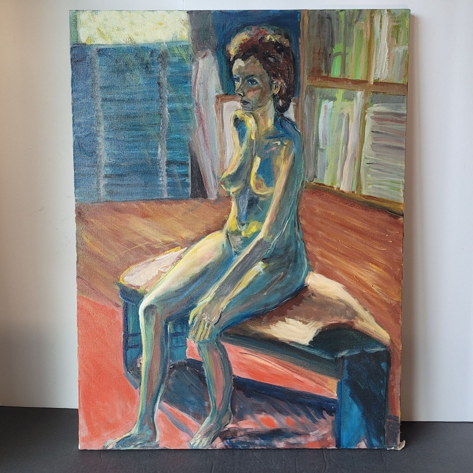 Vintage Original Nude Woman Sitting on Bench Moody Portrait Oil Painting Canvas