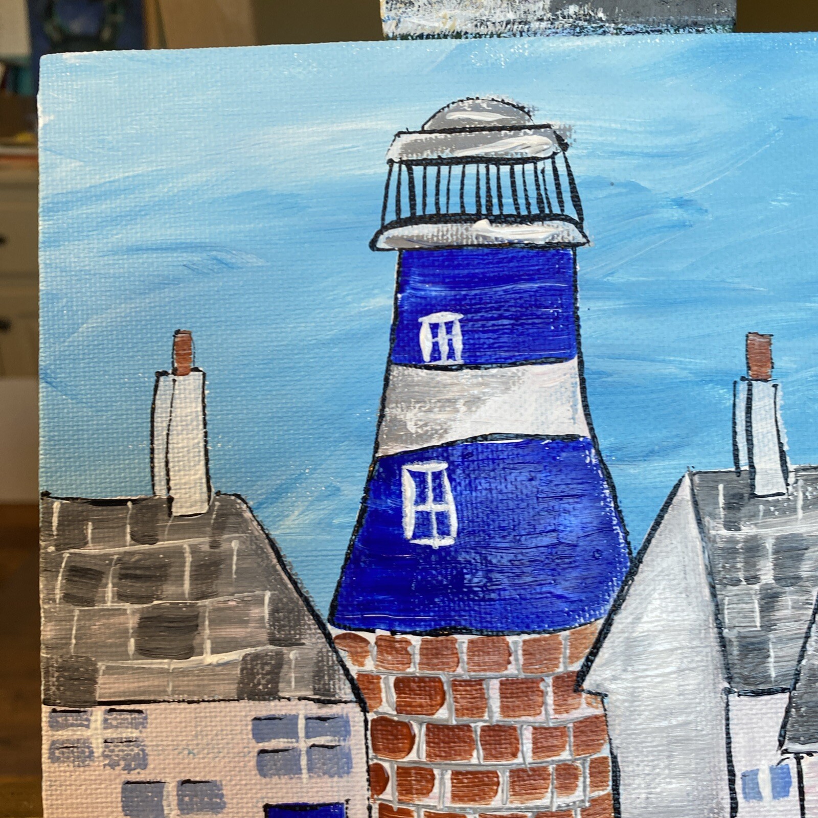 Ship,Boat,lighthouse,paintings on canvas Panel original 8/10, Abstract Seascape