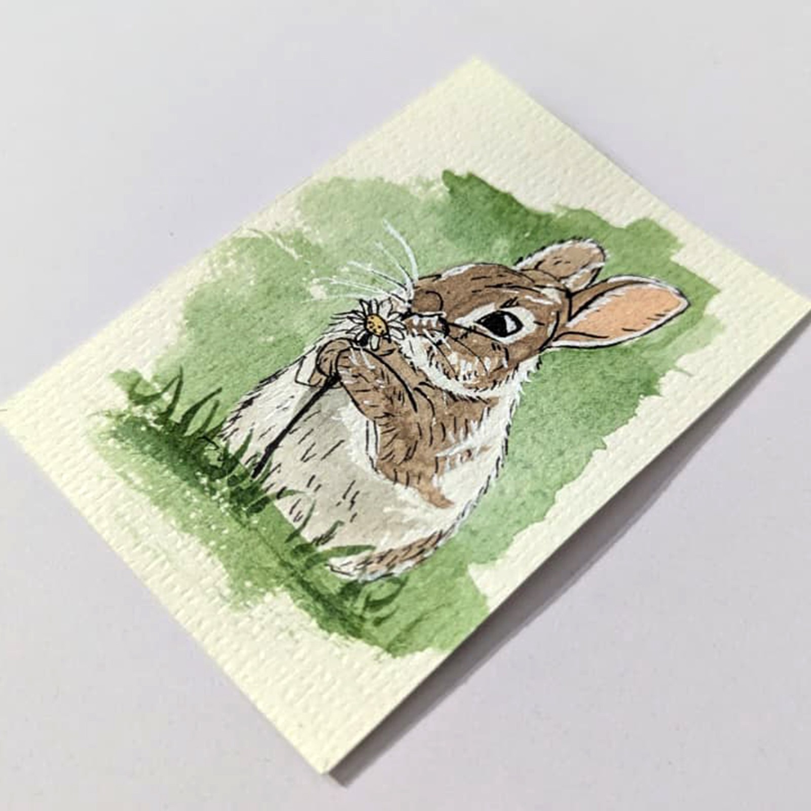 ACEO Original OOAK Painting Bunny Rabbit Daisy Flower Woodland Watercolor Art