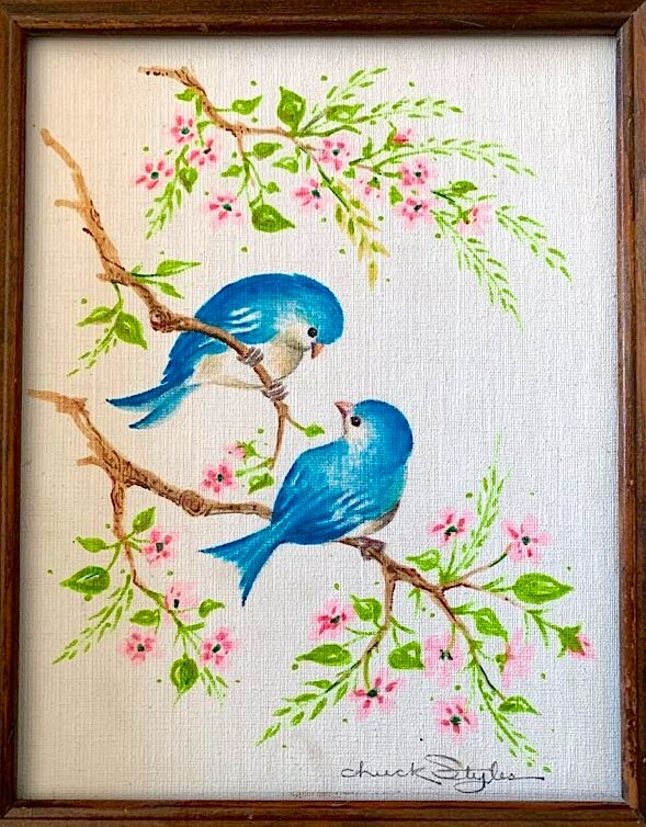 Mid Century Painting Bluebirds Signed Chuck Styles 13.5 x 11.5
