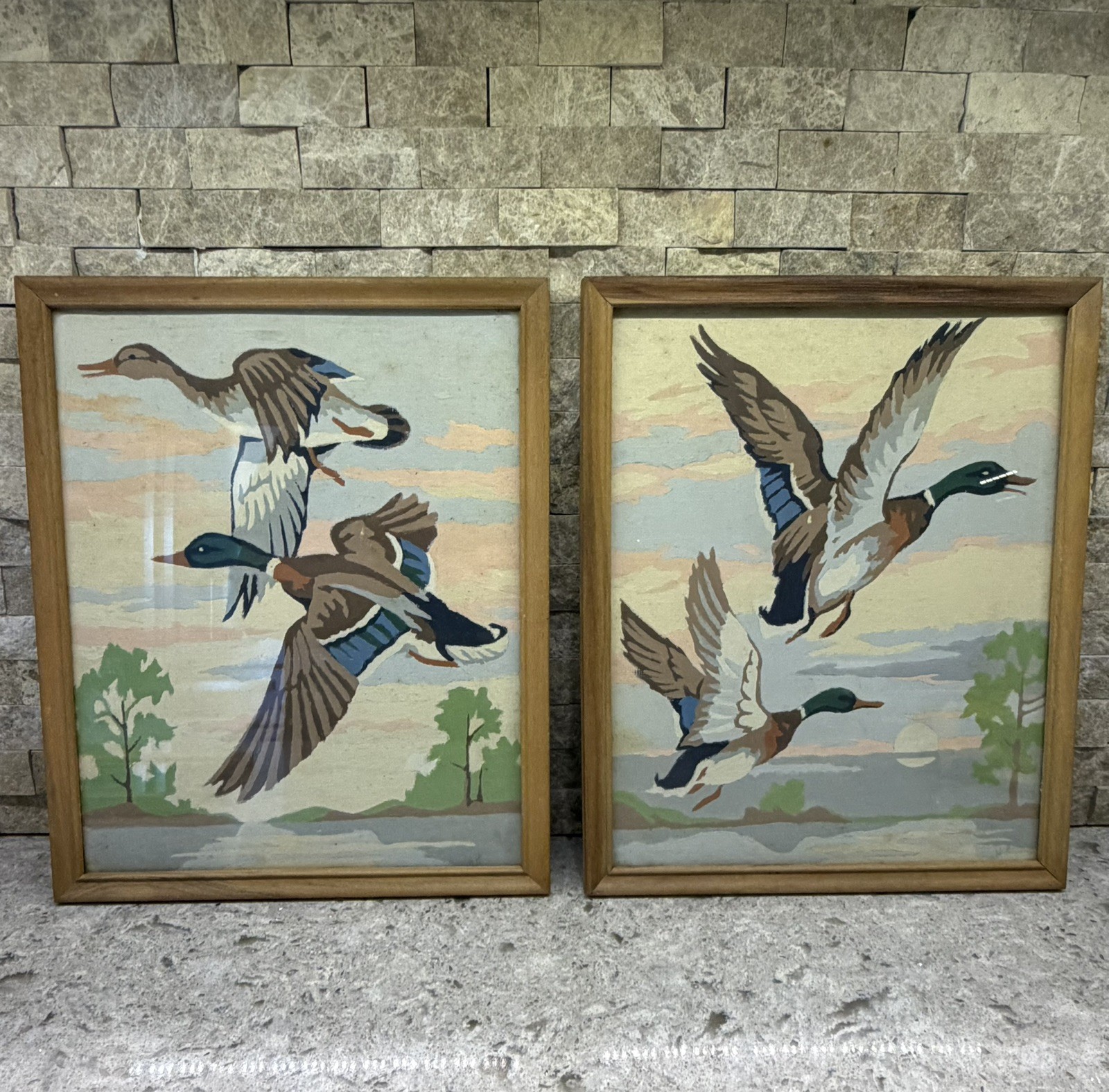 Mallards Ducks In Flight, Vintage, Wooden Framed Art Painting, Paint By Number.