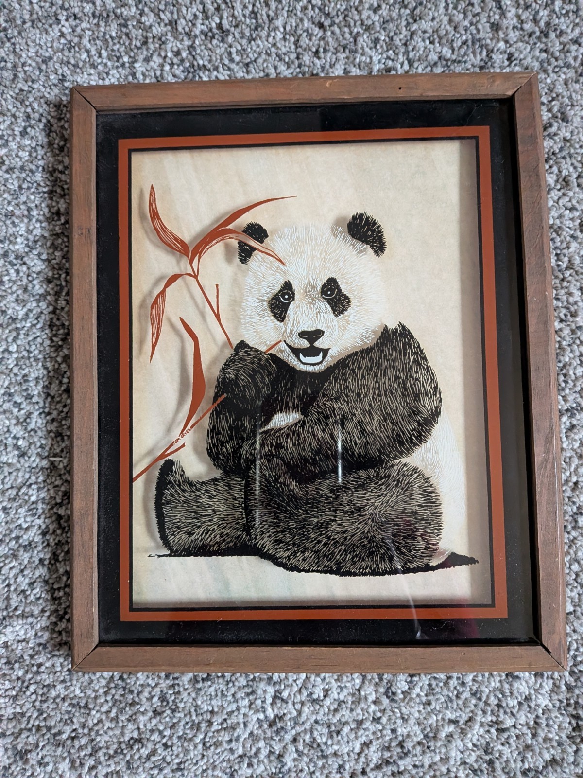 Vtg Framed Reverse Printed Panda painting Art Cecile Curtis 8 1/2*10 1/2