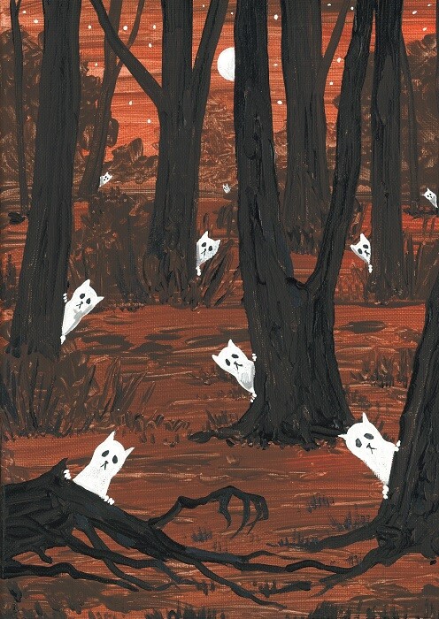 ACEO PRINT OF PAINTING RYTA HALLOWEEN GHOST BLACK CAT FOREST SPIRIT VINTAGE ART