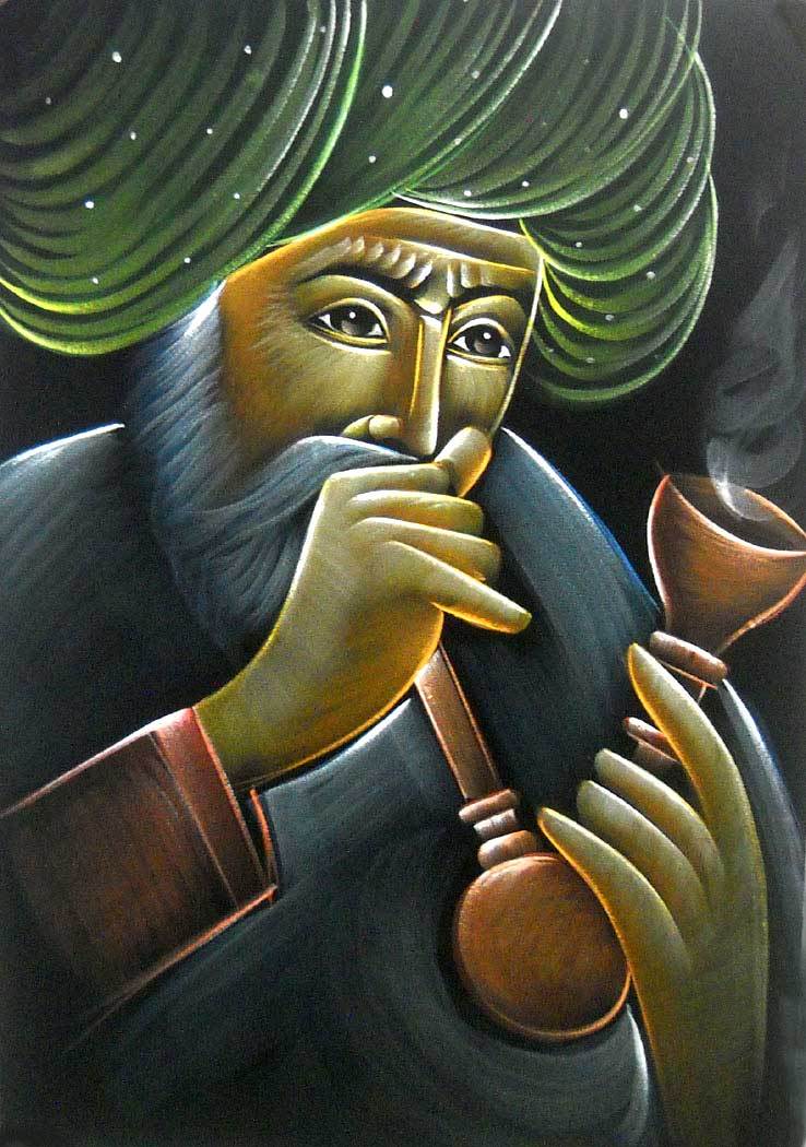 Man Enjoying Hookah Painting on Velvet Fabric Home Decor India Size 20×27″