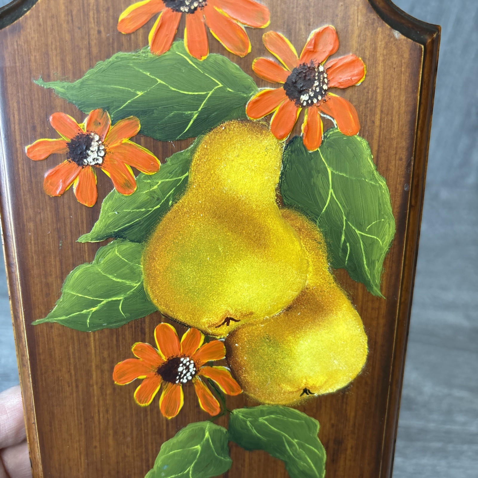 Vintage Wooden Wall Plaque Fruit Pears Hand Painted Art MCM Decor 9” Hanging
