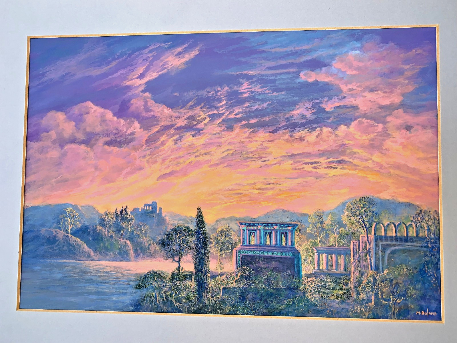 Mark Roland Original Acrylic Painting Surreal Fantasy Sunset Clouds Ruins Lake