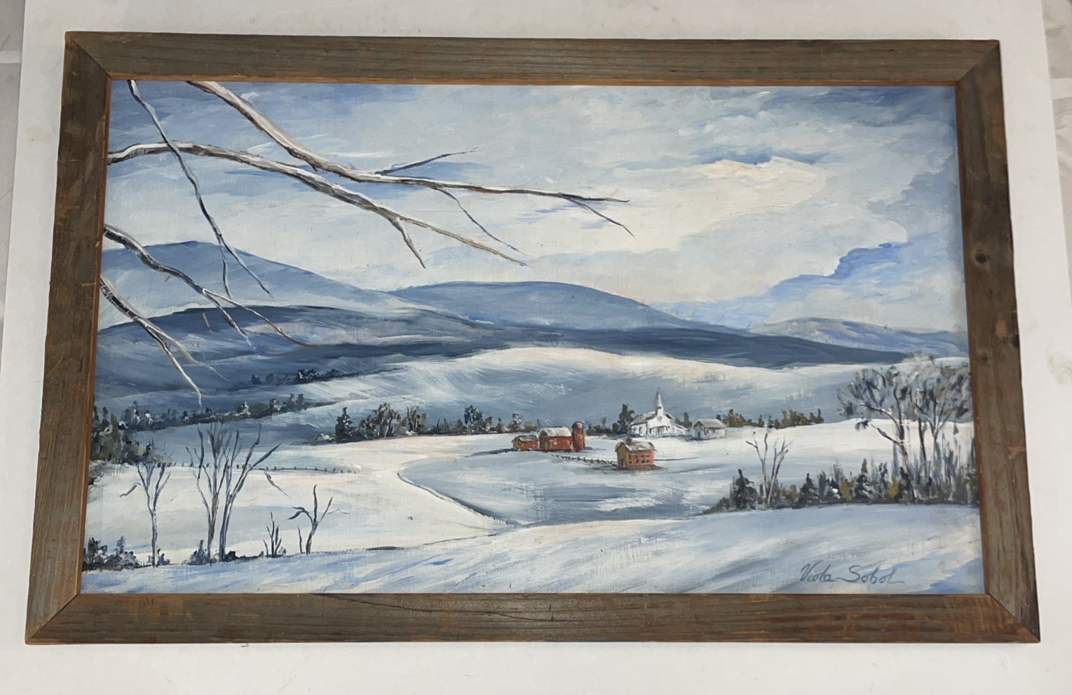 VIOLA SOBOL Original Oil Painting Winter Farm town Landscape Connecticut Artist
