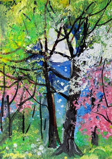 ACEO Original PAINTING Spring TREES Night Moon Flower Nature Landscape ATC ART