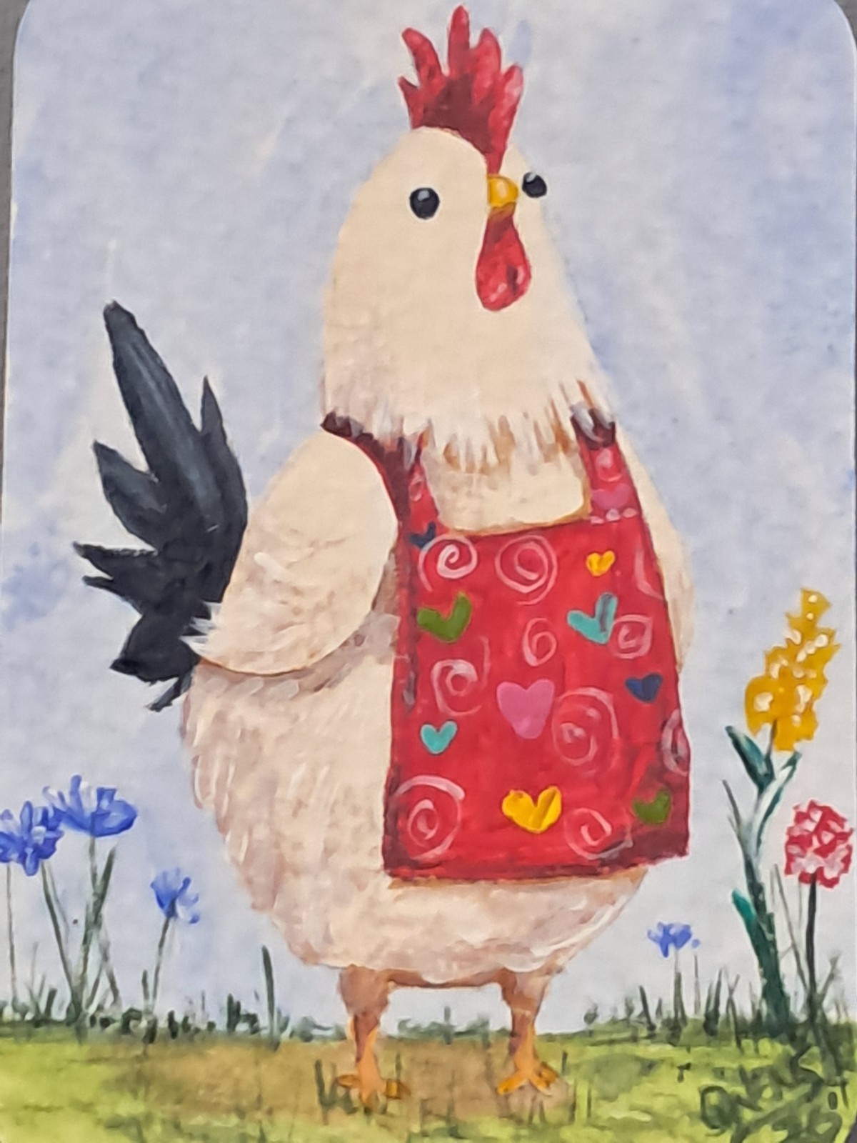 ACEO Original Painting Hen Chicken Whimsical Apron Hearts Acrylic OOAK Art SRA