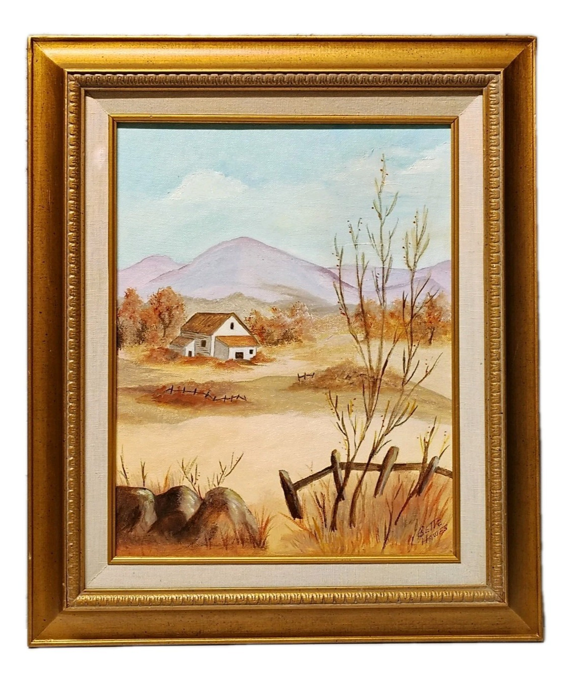 VTG Gold Framed Original Oil Painting Landscape Country Farmhouse USA Signed 19″