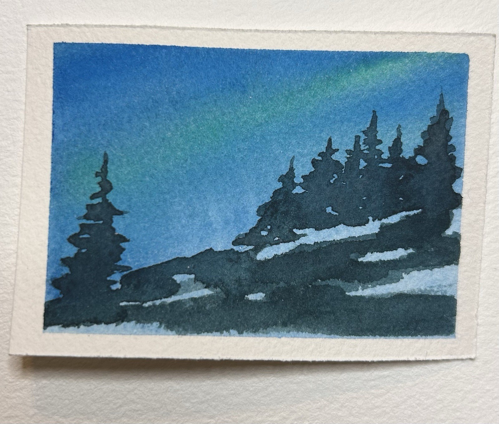 ACEO Original Watercolor Painting Riverside Northern Lite Signed By Sasha Lehto