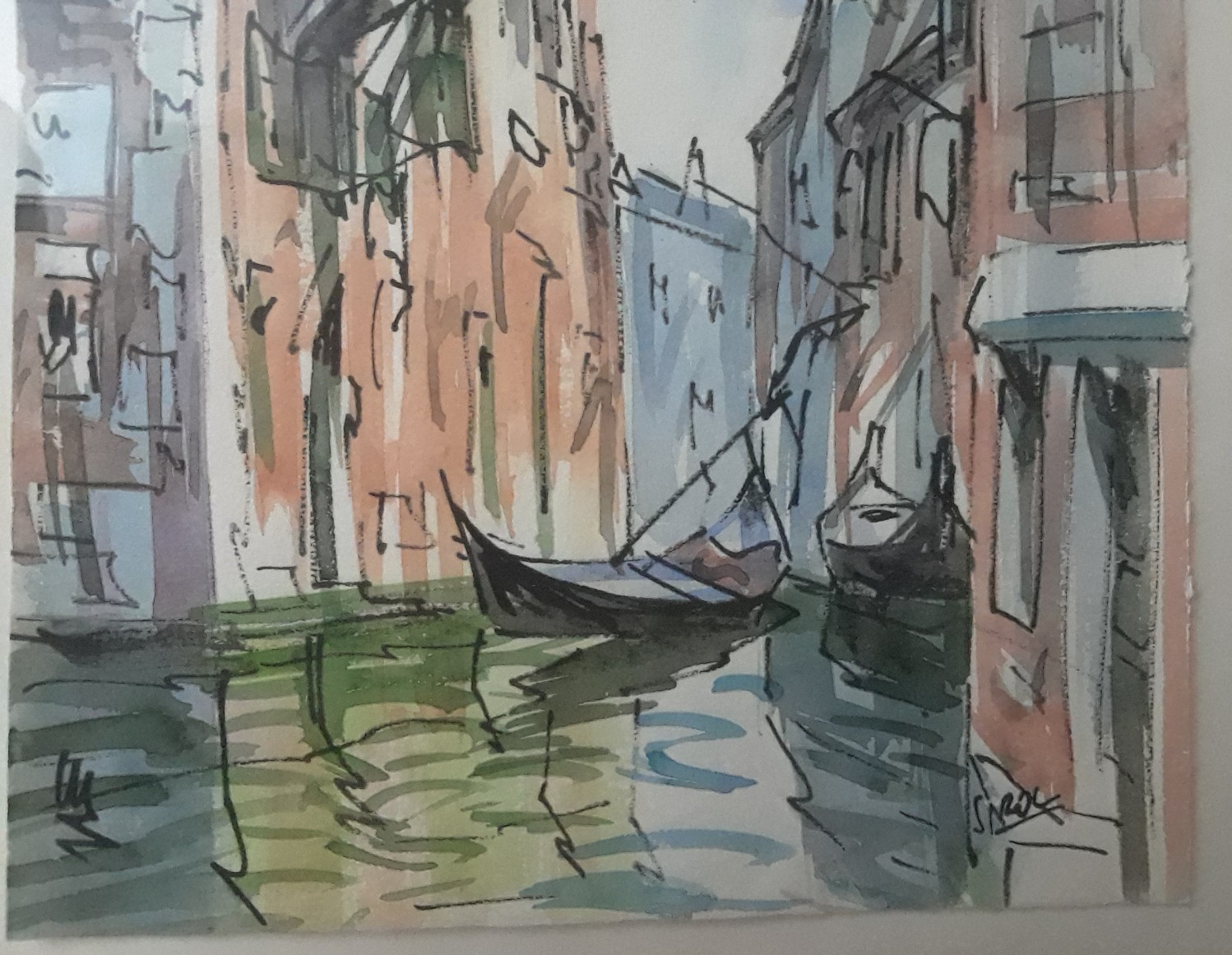 Watercolor & Ink on Paper, Venice Canal Signed Silver Framed with Brown Matting
