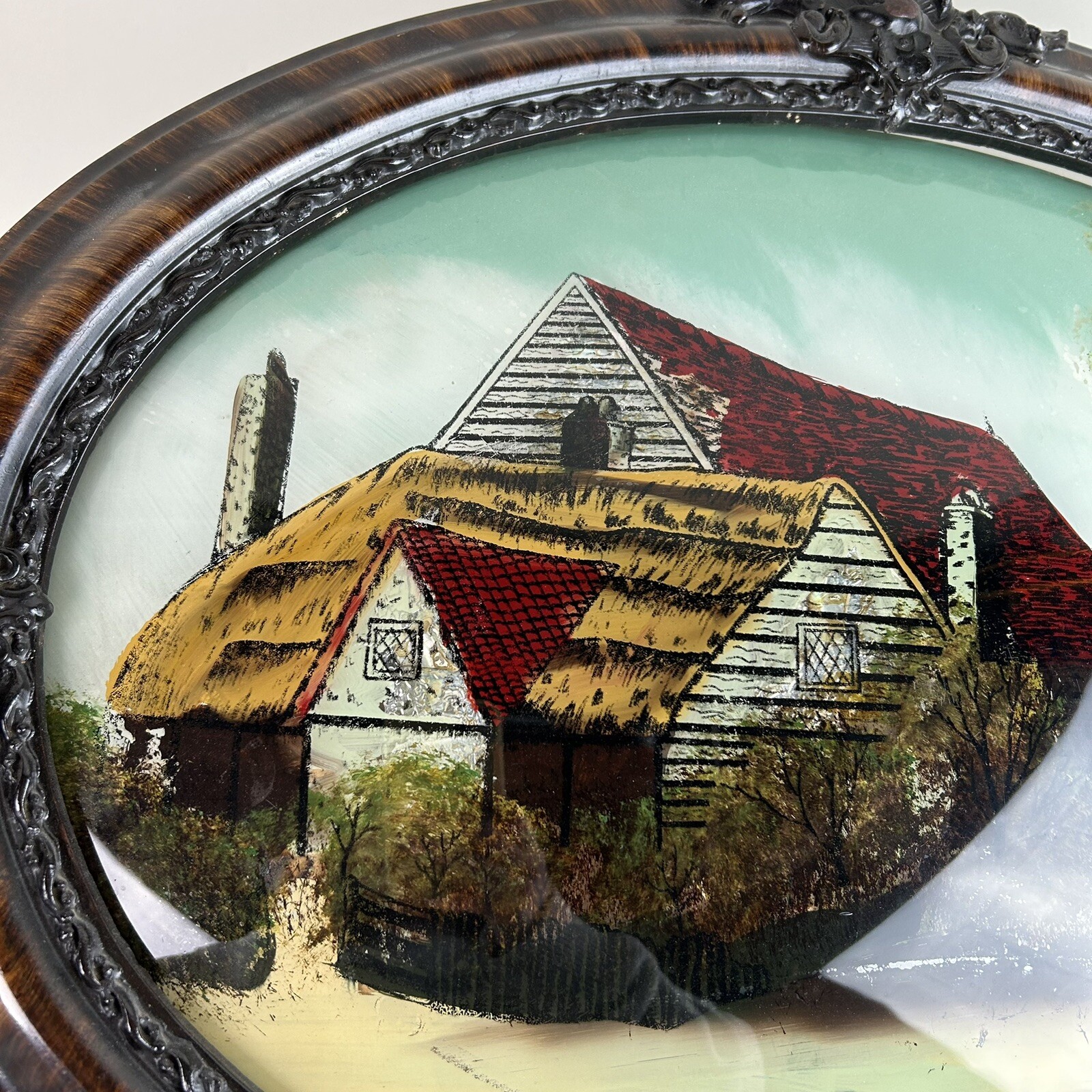 Antique Oval Wood Frame Reverse Painting Convex Farm New Jersey Bubble Glass VTG