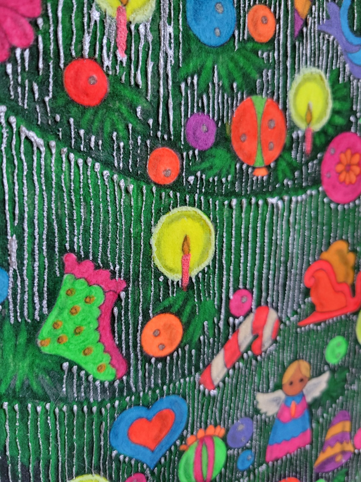 Large Vintage Day-Glo Christmas Tree Painting on Black Velvet UV Light GLOWS