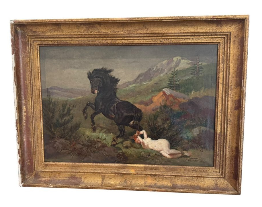 Antique Painting Oil Canvas Woman Frame Wood Nude Horse Decor Queen Brunehaut