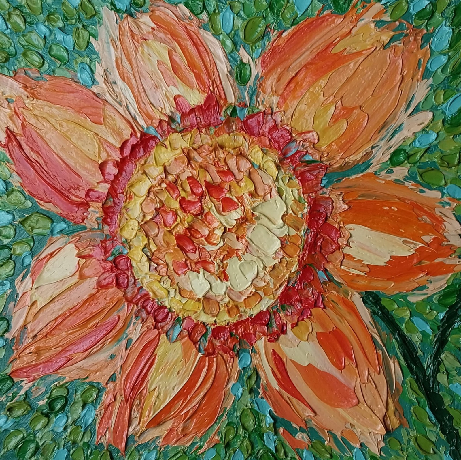 Framed Bright Sunflower Textured Flower Art 8×8” Impasto Oil Painting Original