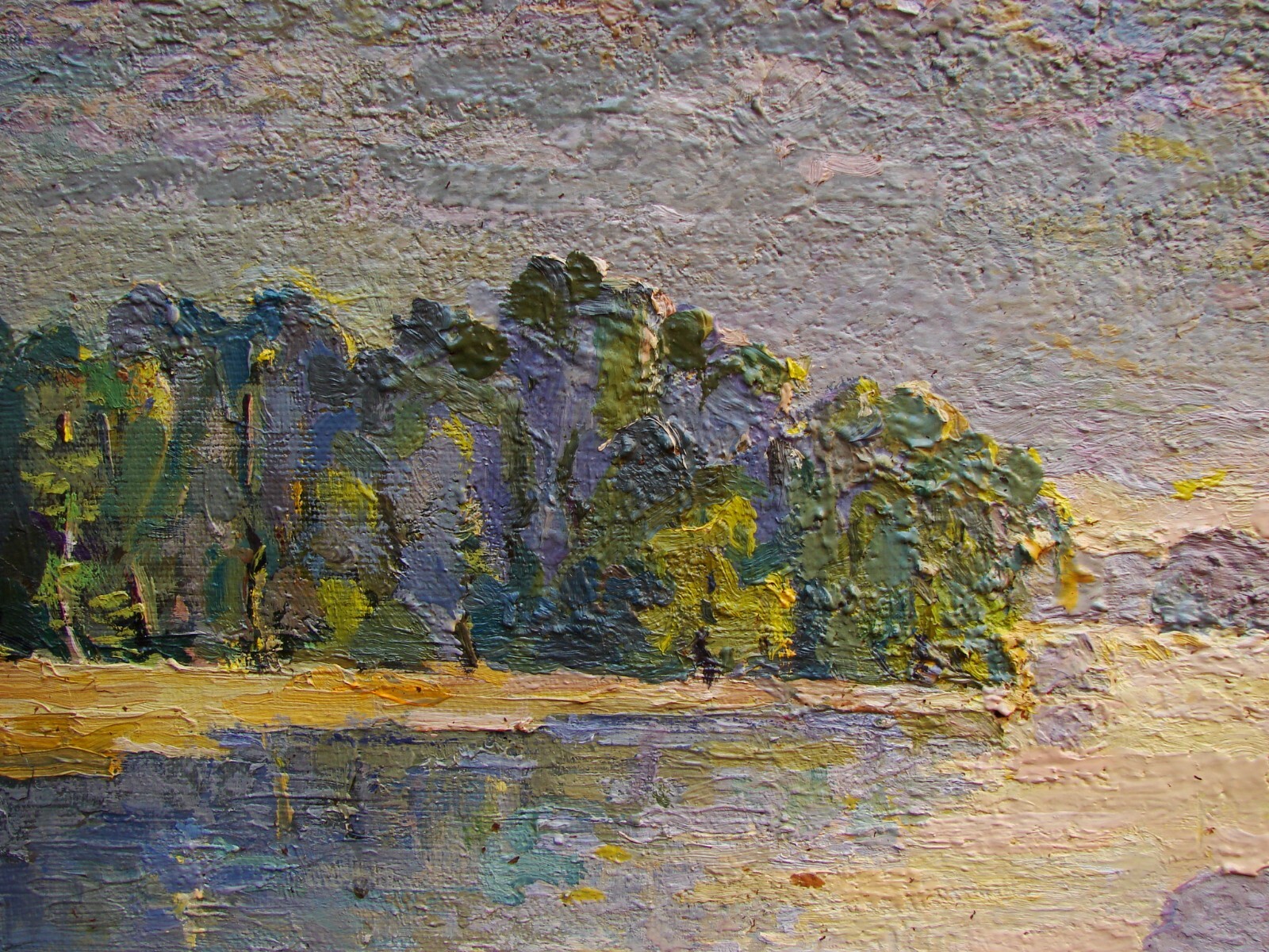 Ukrainian Soviet Oil Painting postimpressionism landscape river after rain cloud