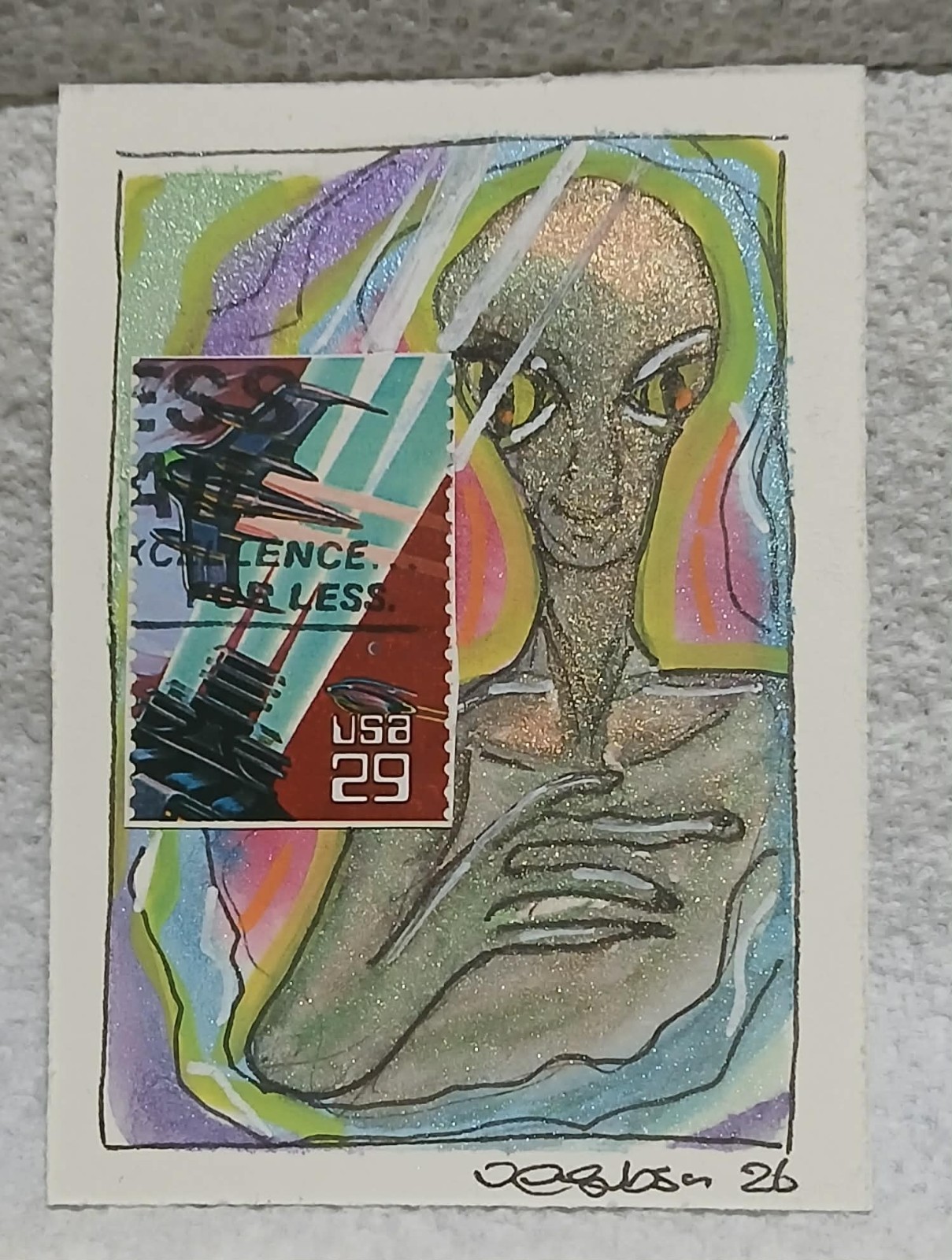 Postal Whimsy OOAK ACEO Extraterrestrial Encounter 29¢ USA Stamp Art Outsider