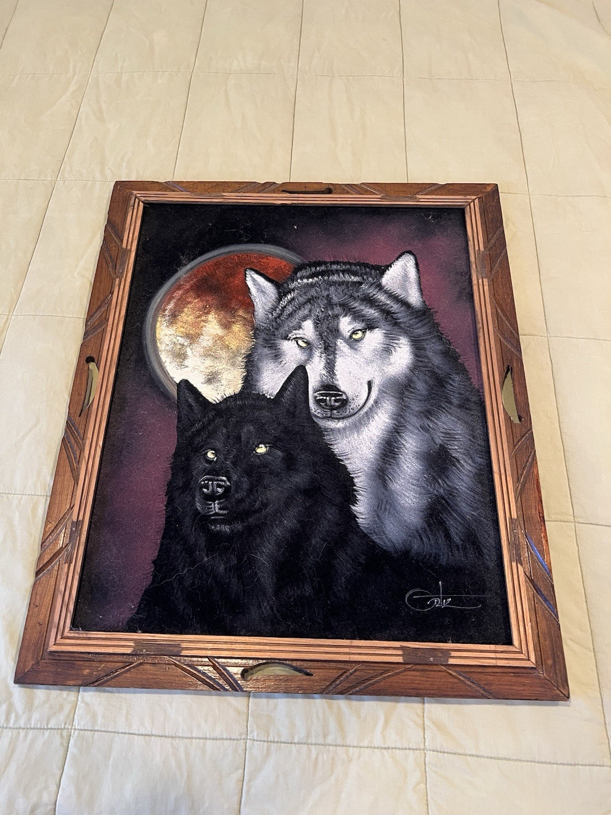 Jr Realism Wolf & Moon Painting Signed Framed Canvas/Wood Mexico 24×19