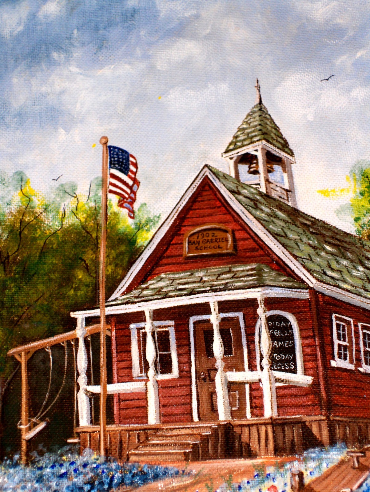 Gorgeous original Bluebonnet Landscape School Birds Sky Clouds oil Painting
