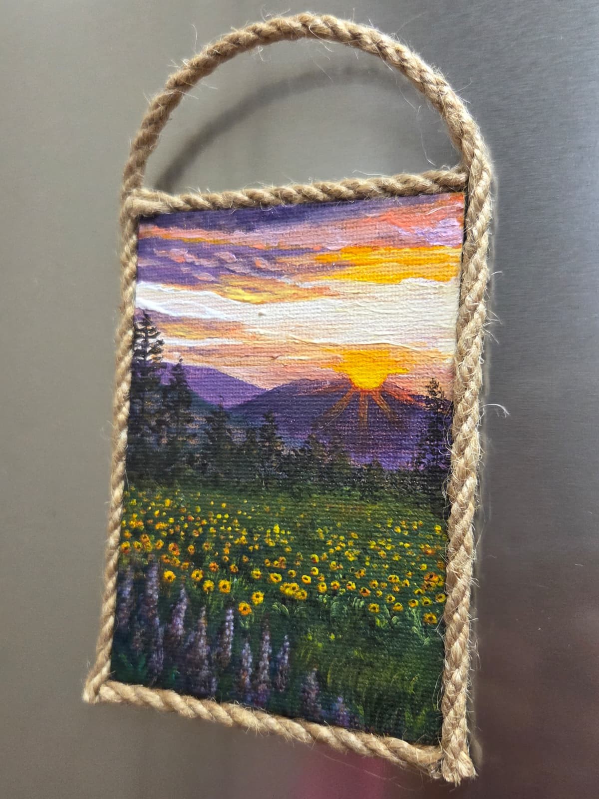 Original Wildflowers Sunset Mini Canvas Acrylic Fridge Magnet Painting 4.2×3 In