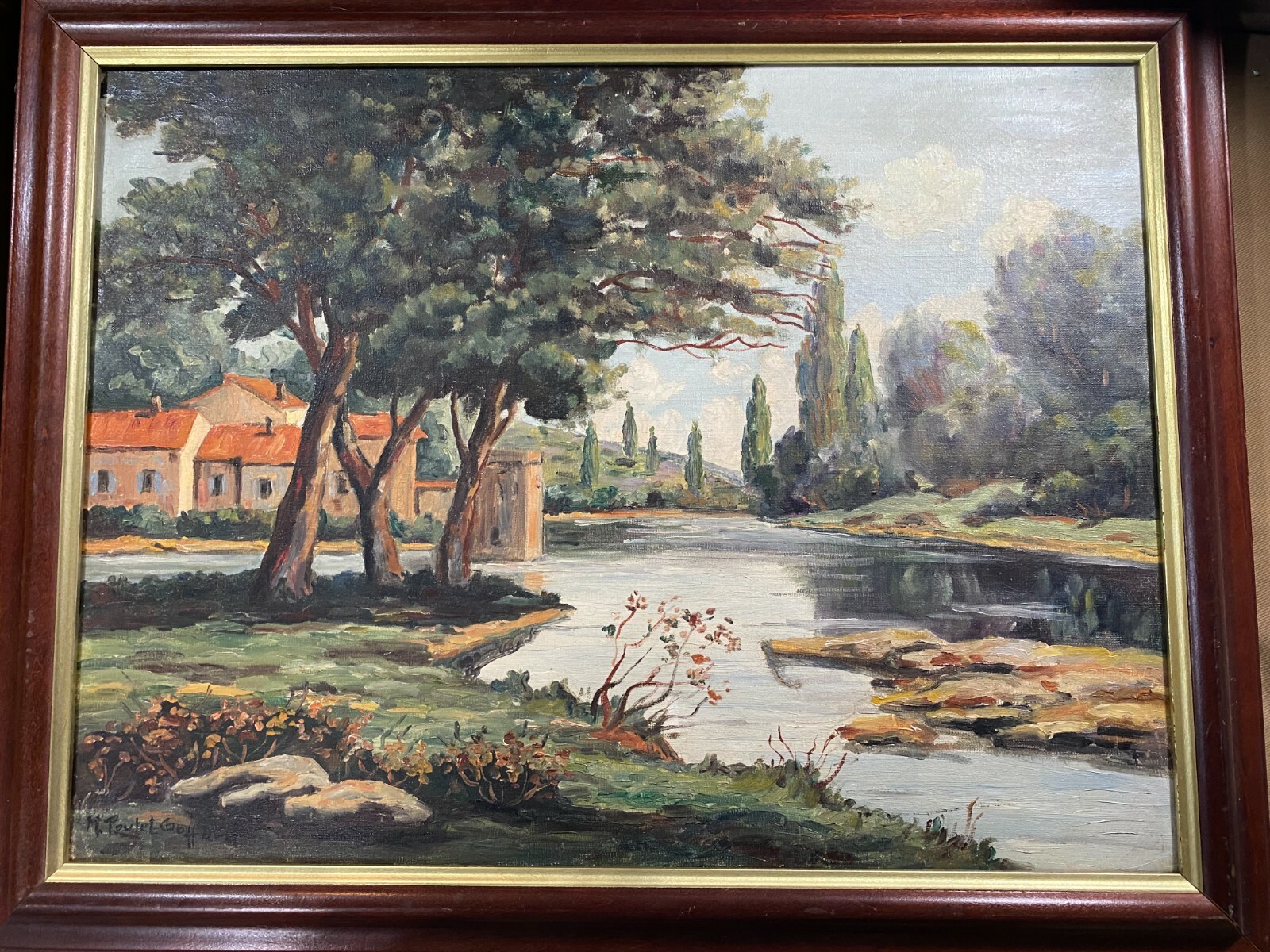M Pouler Goffard «Home And River Landscape Scene»» Oil Painting – Signed/Framed
