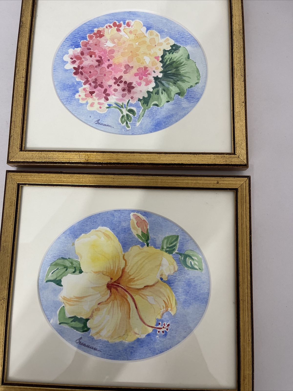 Brennan Floral Paintings Hydrangea Hibiscus Watercolor Framed 8×7.5” Set Of 2