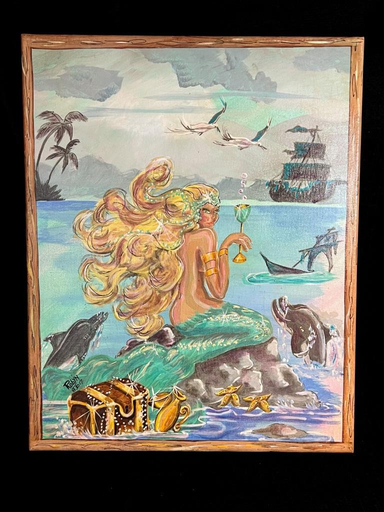 Vintage Nautical Coastal Beach Landscape Seascape Oil Painting Mermaid Dolphins